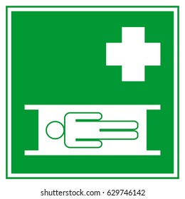 First-aid stretcher sign, white symbols on a green square background, vector illustration.