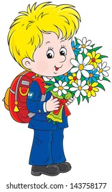First-former with satchel and flowers