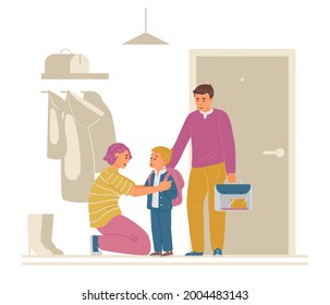 El Primer Grado Va A La Escuela. Madre Diciendo Buenas Compras En Hallway. Ilustración vectorial.