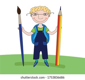 
A first-grader with a school backpack holds a huge pencil and brush