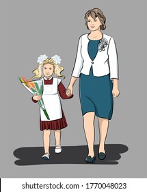 A first-grader walks her hand with her teacher. September 1. First time in first grade. Schoolboy and teacher at the festival. Illustration, vector.