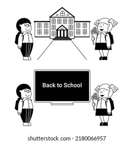 Los niños de primer grado están parados en la pizarra y en la fachada de la escuela. Comienzo del año escolar. Ilustración en blanco y negro al estilo de las caricaturas. Estudiantes felices van a la escuela