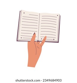 First-Person Perspective. A hand holding an open paper book. The process of reading, studying. Flat cartoon vector illustration isolated on a white background