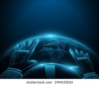 The first-person view of astronauts in space, looking down on Earth. Low poly, lines, triangles, and particle style design. Vector illustration