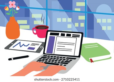 Erste-Person-Ansicht der Hände, die auf Laptop arbeiten, Bürofenster Wolkenkratzer Hintergrund