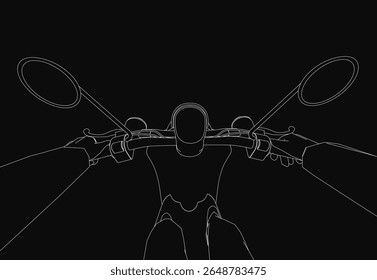 Uma visão em primeira pessoa de uma pessoa montando em um ciclomotor, segurando o guidão com as duas mãos. A arte da linha branca delineia o cavaleiro e o veículo contra um fundo preto.