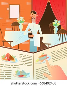 first-person view. The visitor selects a dish in the menu. Restaurant choice of food. Makes an order to the waiter. Vector illustration