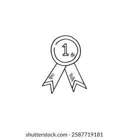 First-place medal with a ribbon icon hand-drawn doodle cartoon vector.