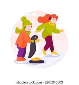 First-time ice skating isolated cartoon vector illustration. People ice skating for the first time, family active lifestyle, physical activity, penguin on ice, winter recreation vector cartoon.