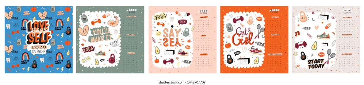 Firtness wall calendar. 2020 Yearly Planner have all Months. Good Organizer and Schedule. Trendy sport illustrations, lettering with motivational quotes. Vector background