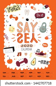 Firtness wall calendar. 2020 Yearly Planner have all Months. Good Organizer and Schedule. Trendy sport illustrations, lettering with motivational quotes. Vector background