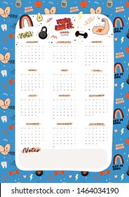 Firtness wall calendar. 2020 Yearly Planner have all Months. Good Organizer and Schedule. Trendy sport illustrations, lettering with motivational quotes. Vector background