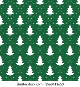 Fir-tree background. Christmas tree motif. New Year wallpaper. Holidays ornament. Winter pine trees image. Xmas illustration. Pines pattern. Floral backdrop. Textile print design. Seamless vector. 