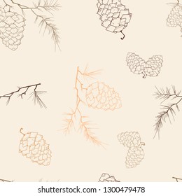 Fir-tree branch with a cone seamless pattern. Vector illustration of a pine cone on a pine branch. Fir-tree branch with a cone hand drawn.