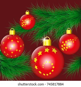 Fir-tree branch decorated with red christmas balls. Vector illustration EPS10