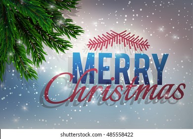 A fir-tree branch on it is violet a blue background, with the shining stars. Christmas and New Year greeting card. Vector illustration