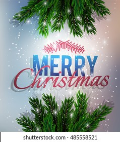  A fir-tree branch on it is violet a blue background, with the shining stars. Christmas and New Year greeting card. Vector illustration