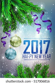 A fir-tree branch on it is violet a blue background, with the shining stars. Christmas and New Year greeting card. Vector illustration