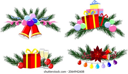 Fir-tree branches with balls, bells and New Year's toys. Garland, border, new decor.