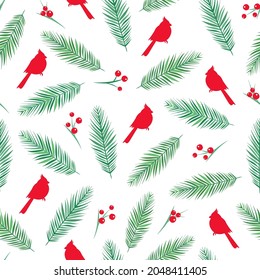fir-tree branches, red berries and red birds cardinals on white background. spruce seamless winter pattern . Christmas forest vector ornament. holiday simple texture for printing on fabric or paper.  