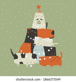 Fir-tree of cats. Spruce of pet. Christmas tree from cats