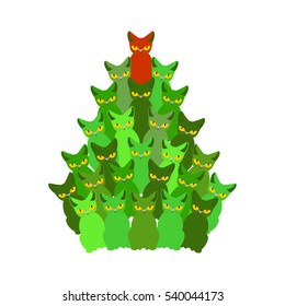 Fir-tree of cats. Spruce of pet. Christmas tree from cat. New Year illustration. Hmas pattern of cute animal