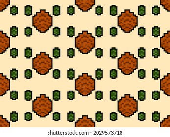 Fir-tree cone seamless pattern in pixel art style. 8 bit fir-tree cone in 2D retro style. Design for printing, wrapping paper and advertising. Vector illustration