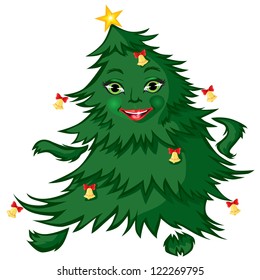 Fir-tree, decorated with bells, dancing and having fun