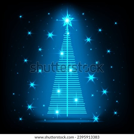 Fir-tree electric LED abstract geometric. Christmas decor of cities and streets. Neon on a dark starry background. Happy New Year. Vector.