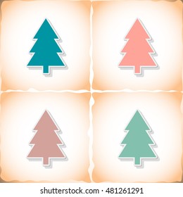 Fir-tree. Flat sticker with shadow on old paper. Vector illustration