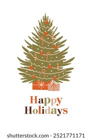 Fir-tree with gift boxes and text "Happy Holidays". Decorated Christmas tree with balls and garland. Happy New Year and Merry Christmas greeting card, poster, postcard, sticker. Flat Design.