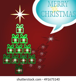 fir-tree with gifts and stars. Speech Bubble Merry Christmas on red background 