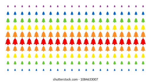 Fir-Tree icon rainbow colored halftone pattern. Vector pictograms arranged into halftone grid with vertical rainbow colors gradient. Constructed for backgrounds, covers,