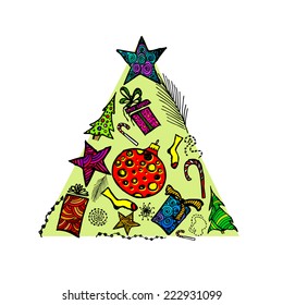fir-tree made of Christmas items. Vector