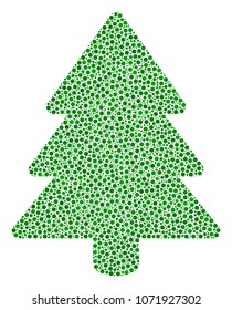 Fir-Tree mosaic of small circles in variable sizes and color tones. Circle dots are combined into fir-tree vector mosaic. Dotted vector illustration.