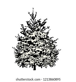 Fir-tree silhouette under snow cover, the black vector image on a white background