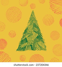 Fir-tree with simple line drawn balls card design