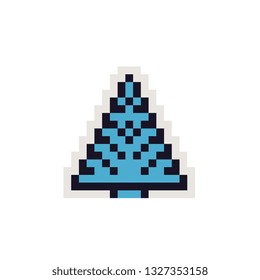 Fir-tree sticker. Spruce flower pixel art icon design for logo wood industry, web, mobile app, badges and patches. Video game sprite. 8-bit. Isolated on white background vector illustration. 