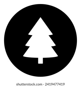 A fir-tree symbol in the center. Isolated white symbol in black circle. Vector illustration on white background