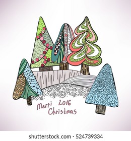 fir-tree. Vintage card. Vector hand drawn artwork.Coloring book page for adult