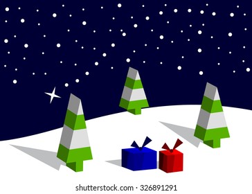 Fir-trees and boxes with gifts against the falling star