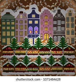 Fir-trees. Fabric print. Vector illustration. Winter nature landscape. Winter city with trees, cute houses, sun.