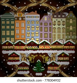 Fir-trees. Fabric print. Vector illustration. Winter nature landscape. Winter city with trees, cute houses, sun.