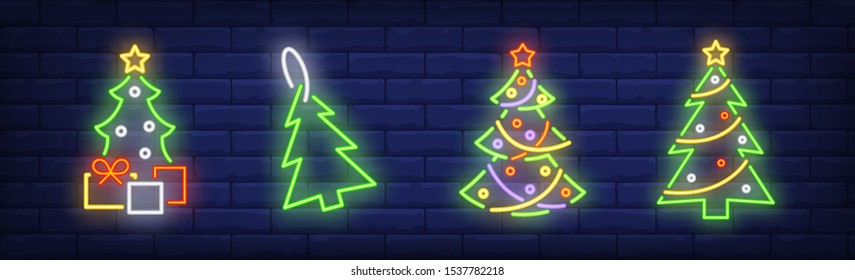 Fir-trees and gift boxes neon signs set. Christmas, New Year Day, celebration design. Night bright neon sign, colorful billboard, light banner. Vector illustration in neon style.