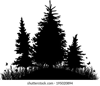 Fir-trees on a hill with grass and butterflies, silhouette vector illustration