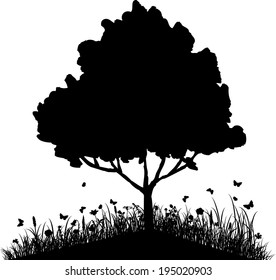 Fir-trees on a hill with grass and butterflies, silhouette vector illustration