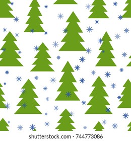 Fir-trees and snowflakes. Seamless winter pattern.