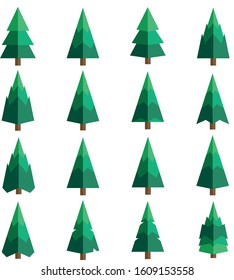 Fir-trees with an unusual crown in different versions in the style of Flat Design