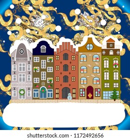 Fir-trees. Vector illustration. Fabric print. Winter city with white and blue trees, cute houses, sun. Winter nature landscape.