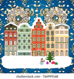 Fir-trees. Vector illustration. Winter nature landscape. Fabric print. Winter city with trees, cute houses, sun.